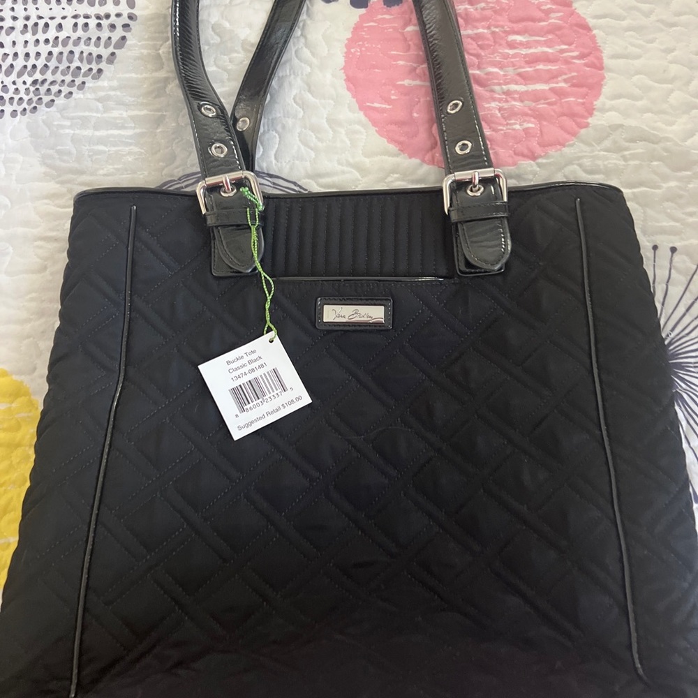 Vera Bradley Womens Large Quilted Buckle Tote Bag Classic Black Microfiber-NWT.